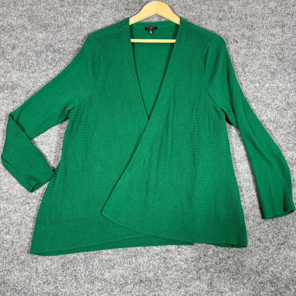 Talbots Waffle Knit Open Front Cardigan Womens 2X Green Cotton Blend Classic EUC
